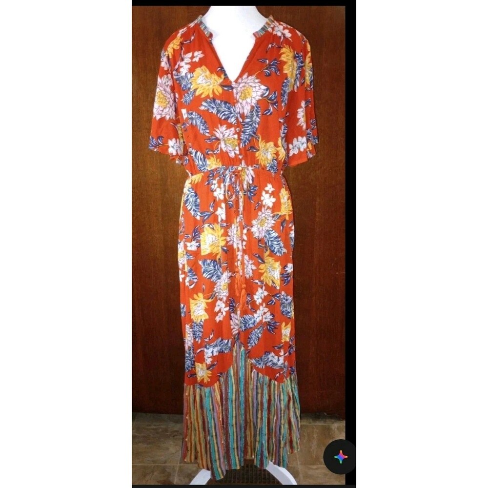 Gigio Orange Floral Maxi Dress Boho Colorful  Cottagecore sz M beachy